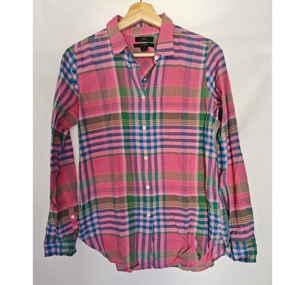 J. Crew Tops - J Crew Classic Fit Boy Shirt Crinkle Pink Blue‎ Plaid Button Front L3218 4